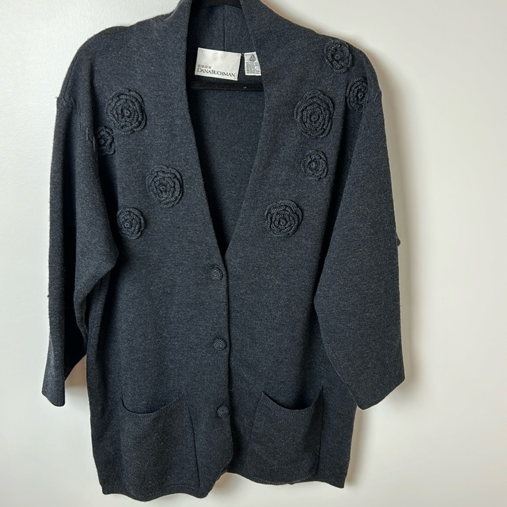 Dana Buchman dark gray cardigan with 3/4 length sleeves